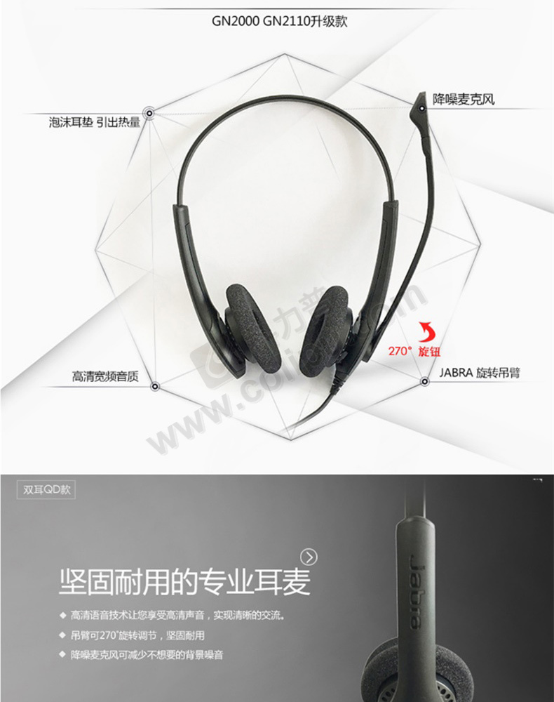 捷波朗 Jabra 话务耳机 BIZ 1500 DUO-RJ9 双耳 (黑色) 含水晶头线