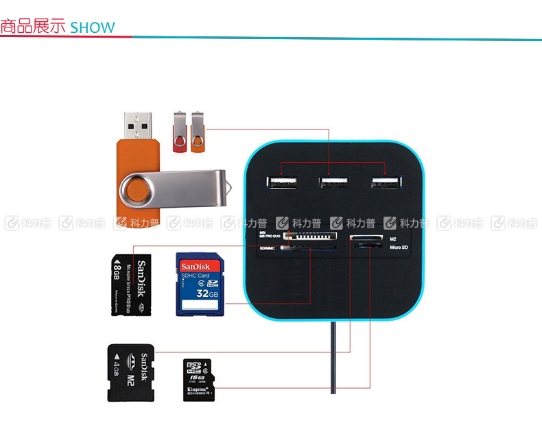 酷比客 L-CUBIC USB集线器 LCHC01BU 3口 USB2.0 (蓝色) 带读卡器